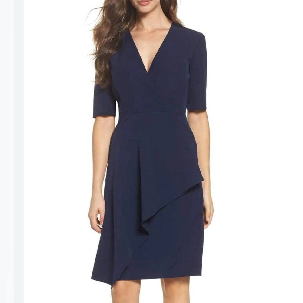 Maggy London Navy Blue Elbow Sleeve V Neck Sheath Dress Size 8 Career Party